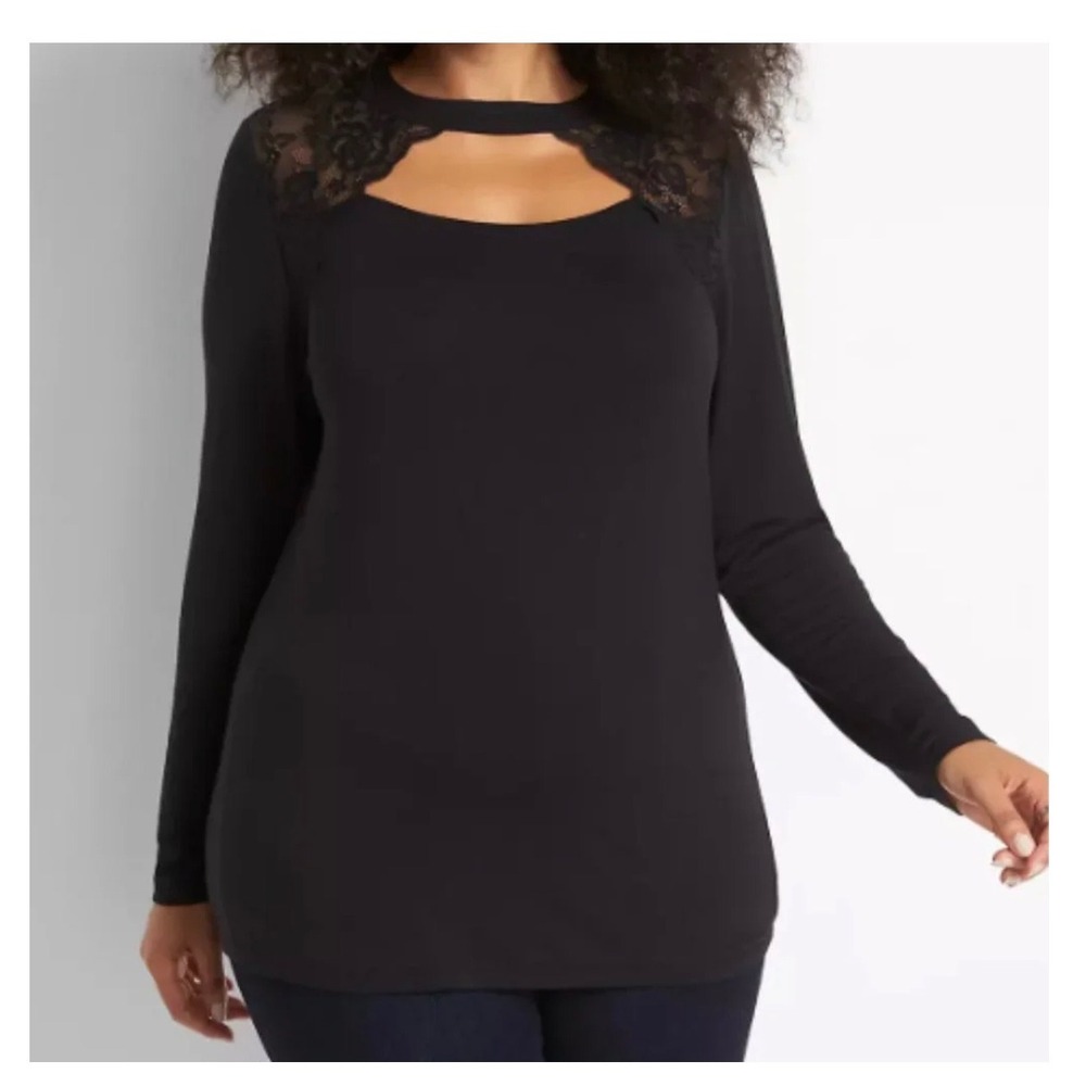 Lane Bryant Womens Black Lace Cutout Neck Long Sleeve Knit Top Plus Size 34/36